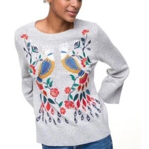 Loft Embroidered Floral Bird PEACOCKS Art deco Sweater Wool Blend L bell sleeves